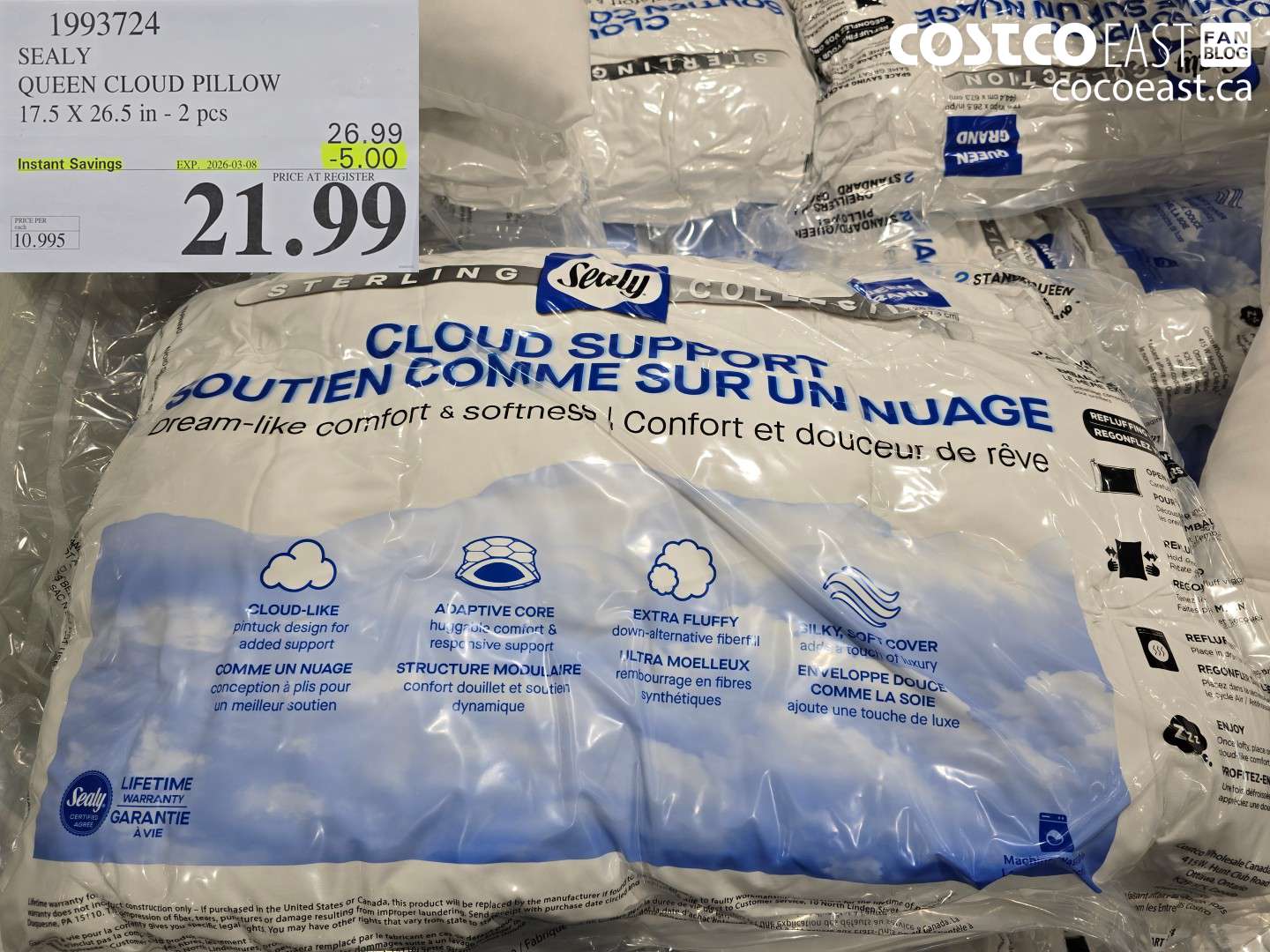 1993724 SEALY QUEEN CLOUD PILLOW 17.5 X 26.5 IN - 2 PCS ($5.00 INSTANT SAVINGS EXPIRES ON 2026-03-08) $21.99