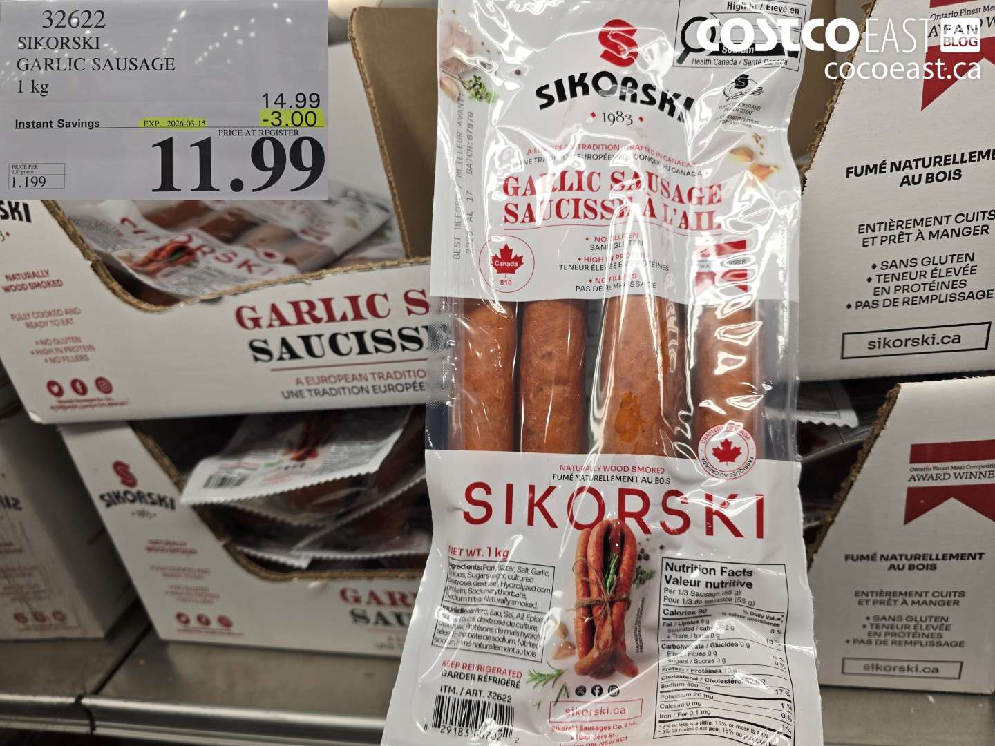 32622 SIKORSKI GARLIC SAUSAGE 1 KG ($3.00 INSTANT SAVINGS EXPIRES ON 2026-03-15) $11.99
