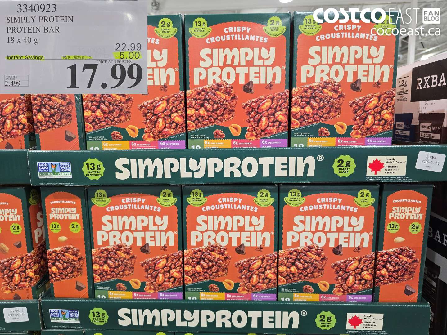 3340923 SIMPLY PROTEIN PROTEIN BAR 18 X 40 G ($5.00 INSTANT SAVINGS EXPIRES ON 2026-04-12) $17.99