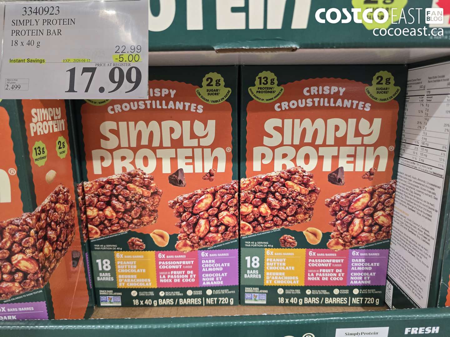 3340923 SIMPLY PROTEIN PROTEIN BAR 18 X 40 G ($5.00 INSTANT SAVINGS EXPIRES ON 2026-04-12) $17.99