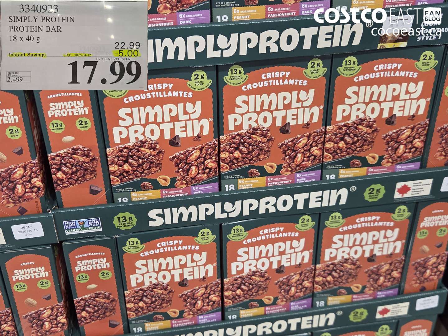 3340923 SIMPLY PROTEIN PROTEIN BAR 18 X 40 G ($5.00 INSTANT SAVINGS EXPIRES ON 2026-04-12) $17.99