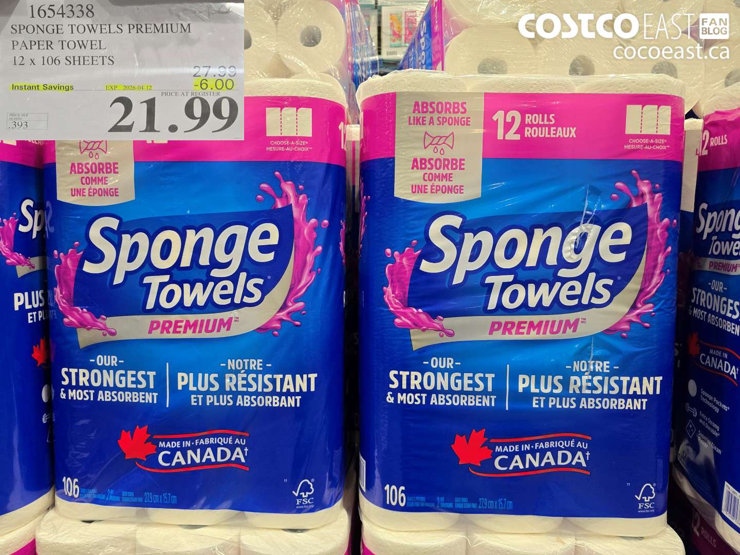 1654338 SPONGE TOWELS PREMIUM PAPER TOWEL 12 X 106 SHEETS ($6.00 INSTANT SAVINGS EXPIRES ON 2026-04-12) $21.99