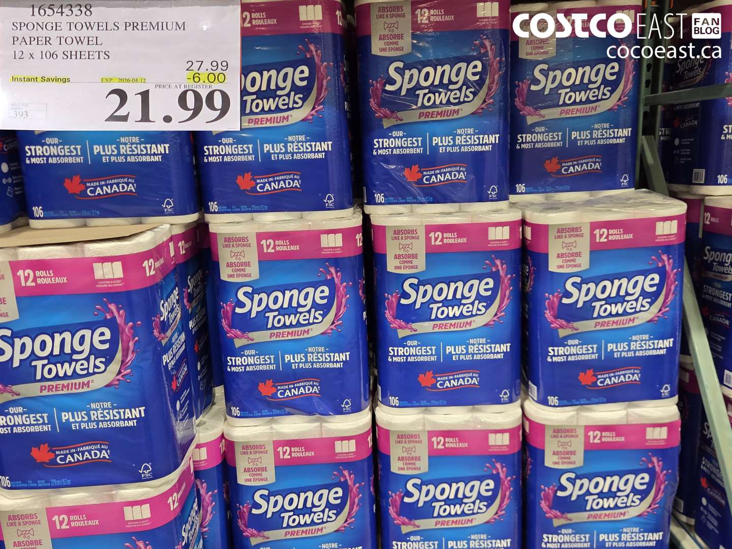 1654338 SPONGE TOWELS PREMIUM PAPER TOWEL 12 X 106 SHEETS ($6.00 INSTANT SAVINGS EXPIRES ON 2026-04-12) $21.99