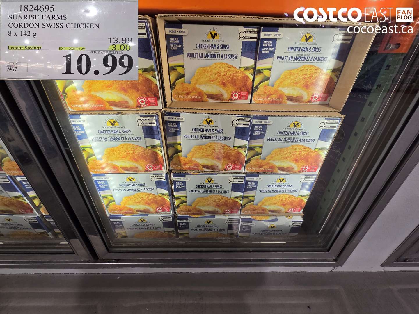 1824695 SUNRISE FARMS CORDON SWISS CHICKEN 8 X 142 G ($3.00 INSTANT SAVINGS EXPIRES ON 2026-03-29) $10.99