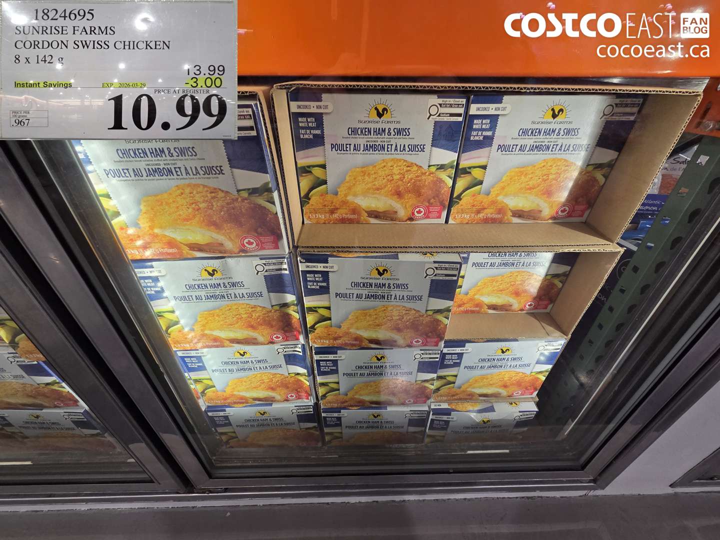 1824695 SUNRISE FARMS CORDON SWISS CHICKEN 8 X 142 G ($3.00 INSTANT SAVINGS EXPIRES ON 2026-03-29) $10.99