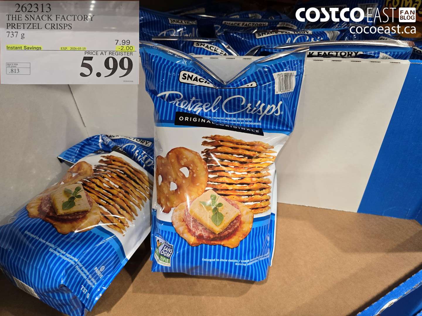 262313 THE SNACK FACTORY PRETZEL CRISPS 737 G ($2.00 INSTANT SAVINGS EXPIRES ON 2026-03-15) $5.99