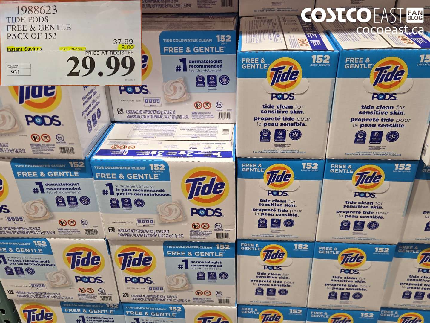 1988623 TIDE PODS FREE & GENTLE PACK OF 152 ($8.00 INSTANT SAVINGS EXPIRES ON 2026-04-12) $29.99