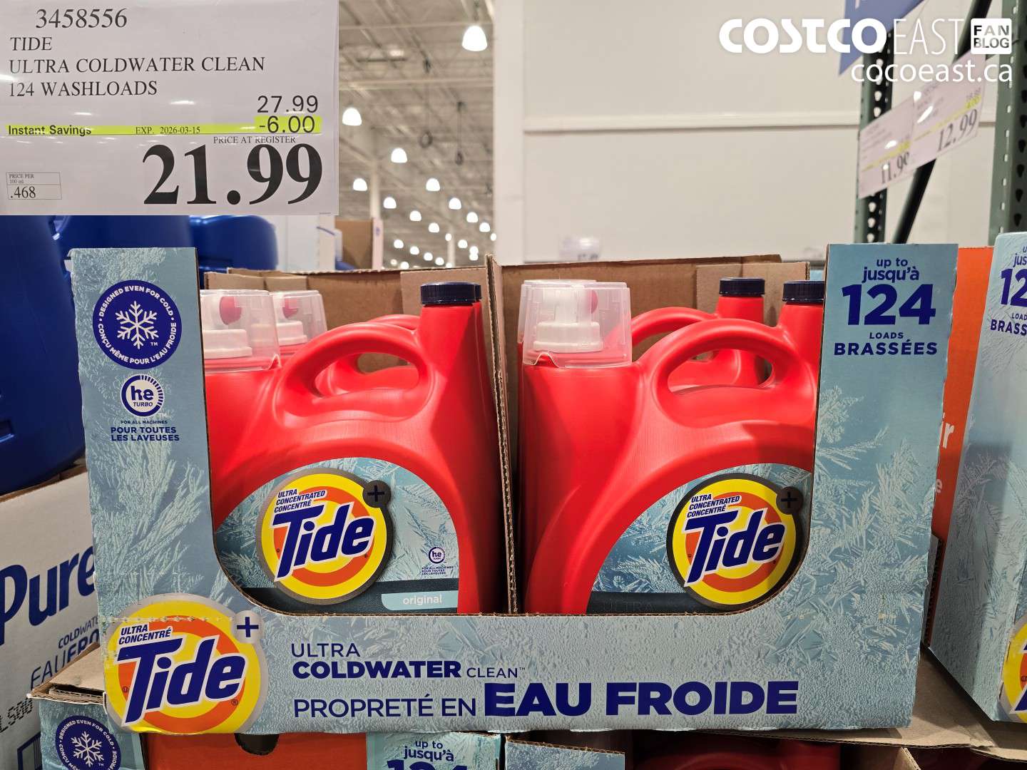 3458556 TIDE ULTRA COLDWATER CLEAN 124 WASHLOADS ($6.00 INSTANT SAVINGS EXPIRES ON 2026-03-15) $21.99