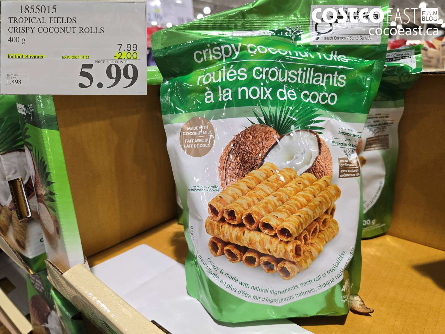1855015 TROPICAL FIELDS CRISPY COCONUT ROLLS 400 G ($2.00 INSTANT SAVINGS EXPIRES ON 2026-03-22) $5.99