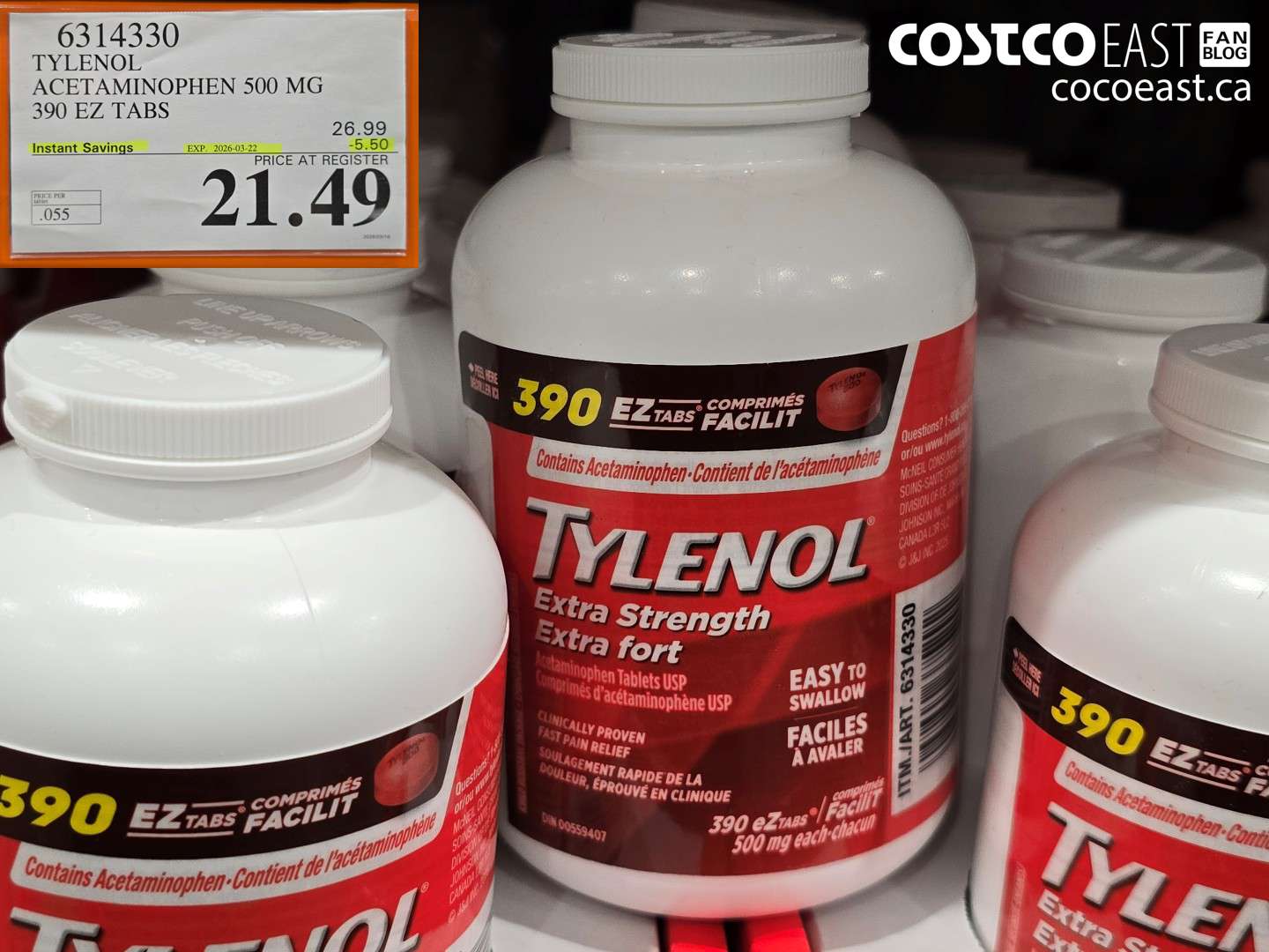 63143330 TYLENOL ACETAMINOPHEN 500 MG 390 EZ TABS ($5.50 INSTANT SAVINGS EXPIRES ON 2026-03-22) $21.49