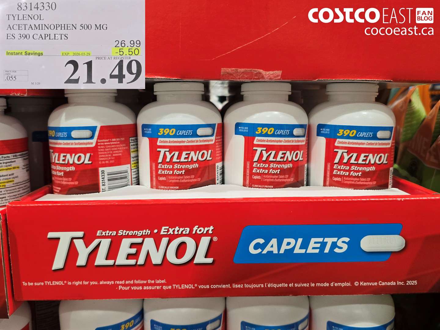 8314330 TYLENOL ACETAMINOPHEN 500 MG ES 390 CAPLETS ($5.50 INSTANT SAVINGS EXPIRES ON 2026-03-29) $21.49