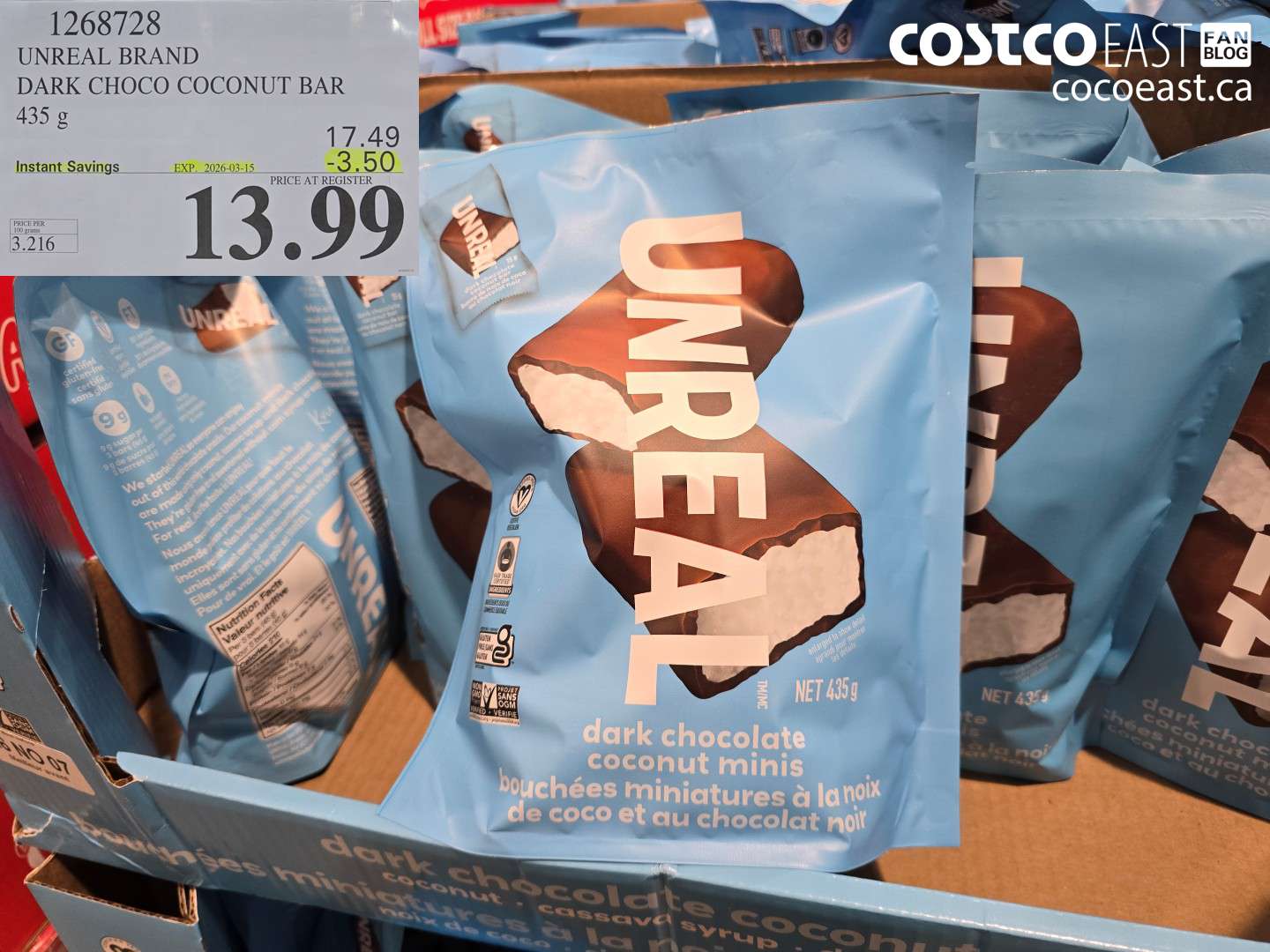 1268728 UNREAL BRAND DARK CHOCO COCONUT BAR 435 g ($3.50 INSTANT SAVINGS EXPIRES ON 2026-03-15) $13.99
