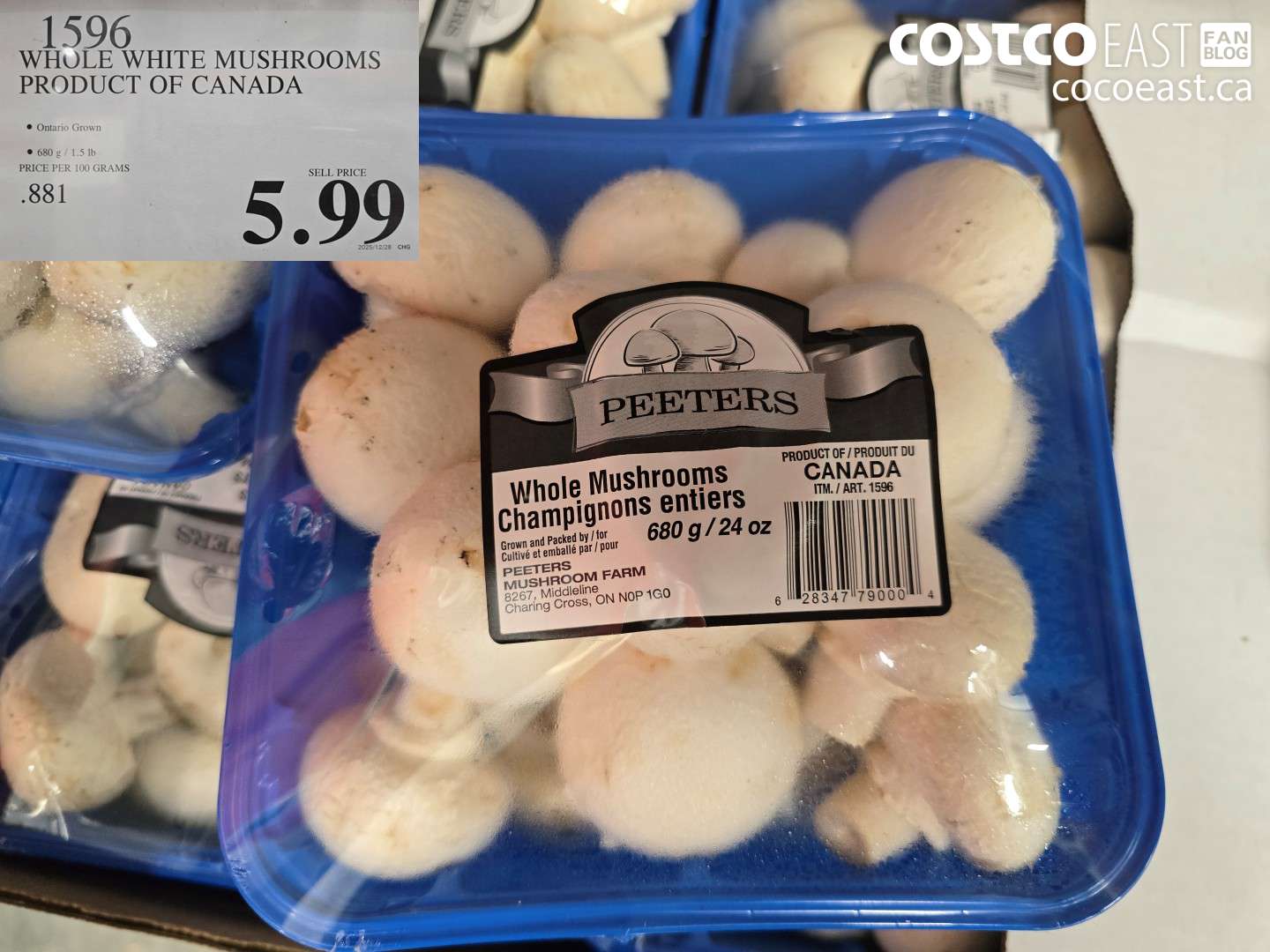 1596 WHOLE WHITE MUSHROOMS PRODUCT OF CANADA $5.99