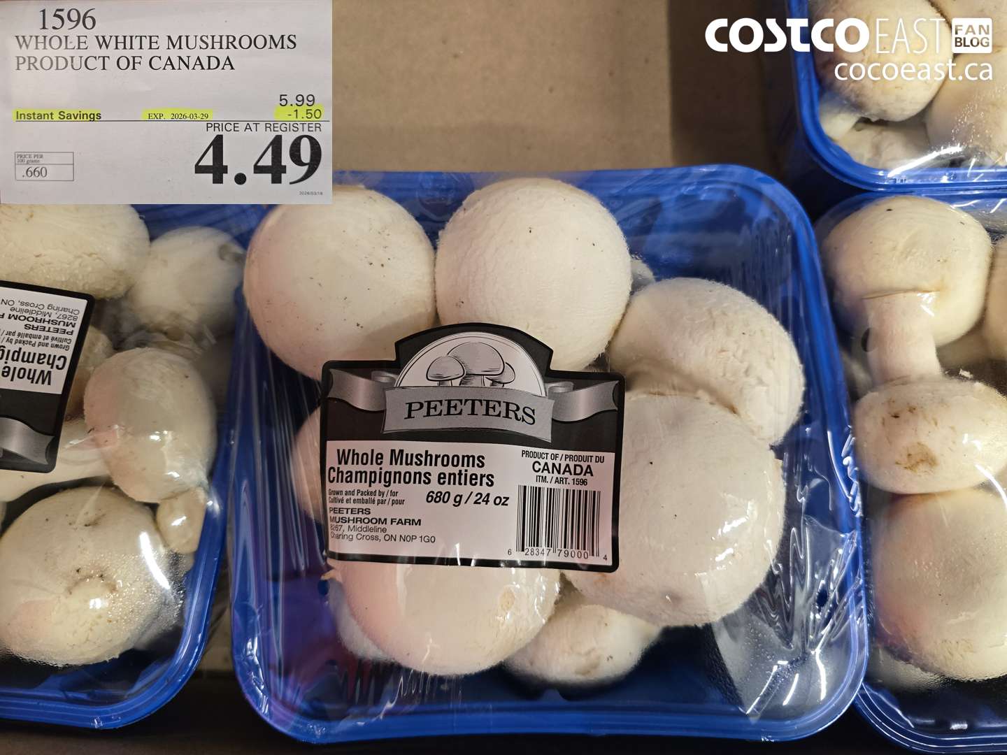 1596 WHOLE WHITE MUSHROOMS PRODUCT OF CANADA ($1.50 INSTANT SAVINGS EXPIRES ON 2026-03-29) $4.49