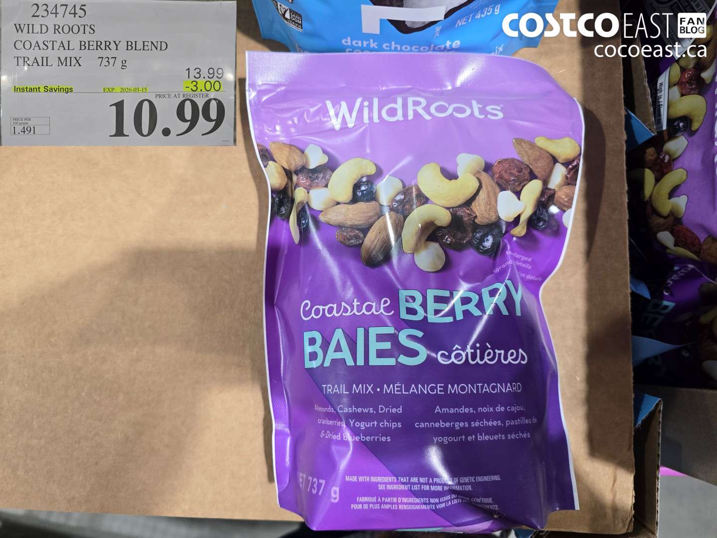 234745 WILD ROOTS COASTAL BERRY BLEND TRAIL MIX 737 G ($3.00 INSTANT SAVINGS EXPIRES ON 2026-03-15) $10.99