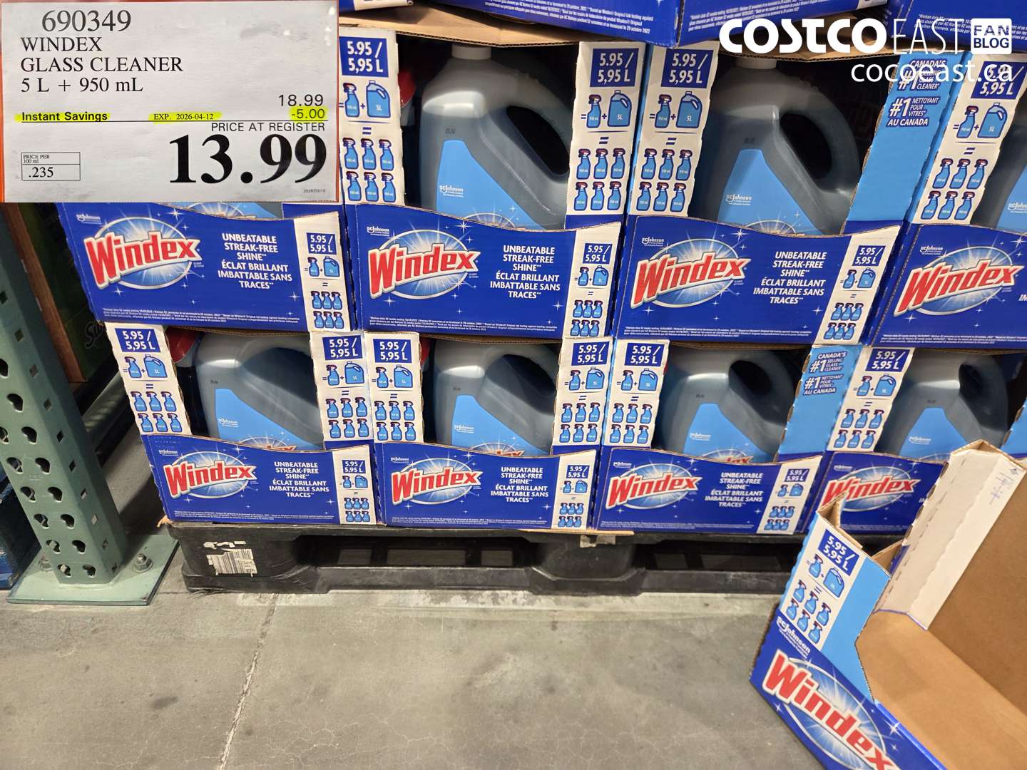 690349 WINDEX GLASS CLEANER 5 L + 950 ML ($5.00 INSTANT SAVINGS EXPIRES ON 2026-04-12) $13.99