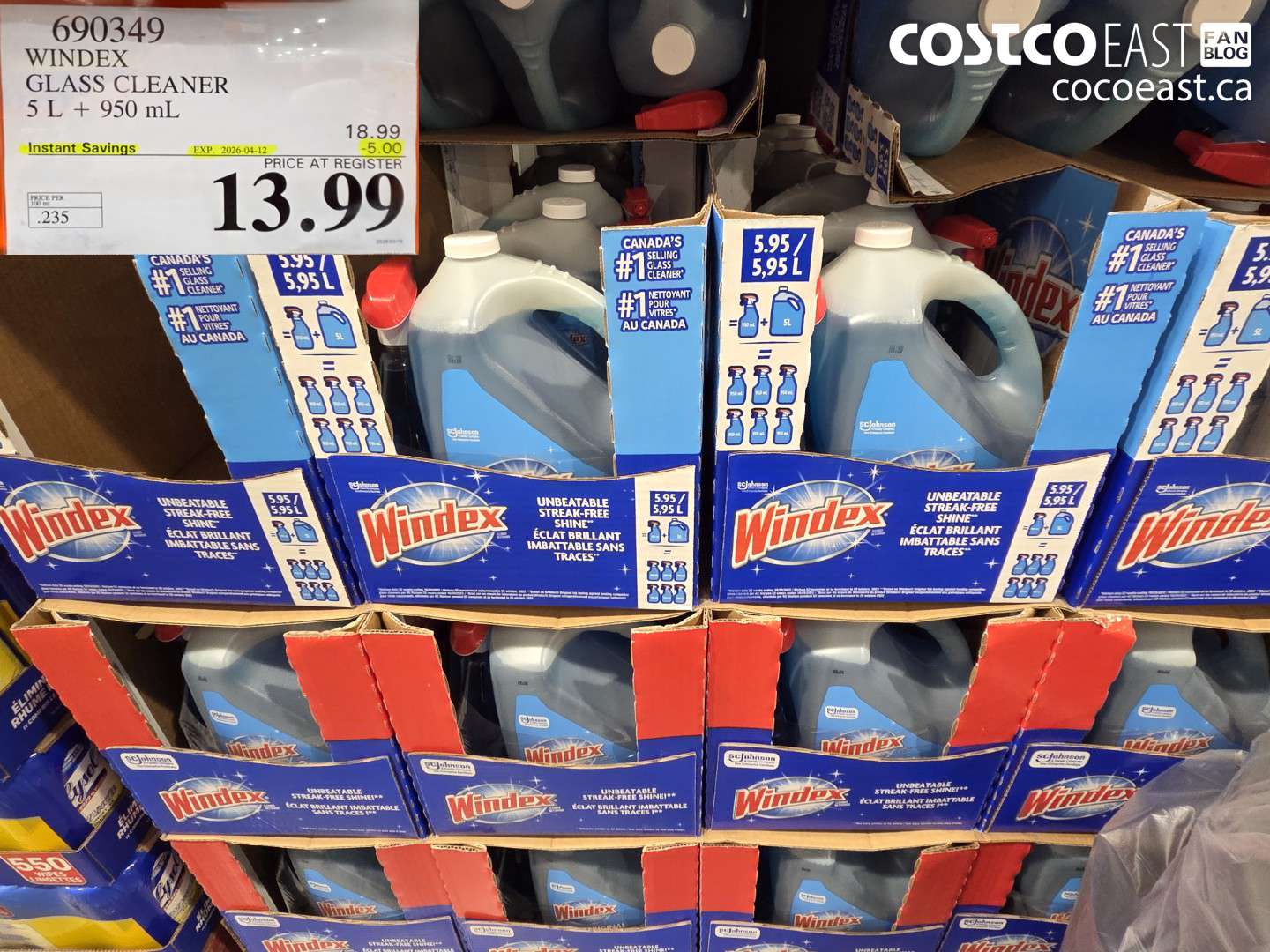 690349 WINDEX GLASS CLEANER 5 L + 950 ML ($5.00 INSTANT SAVINGS EXPIRES ON 2026-04-12) $13.99