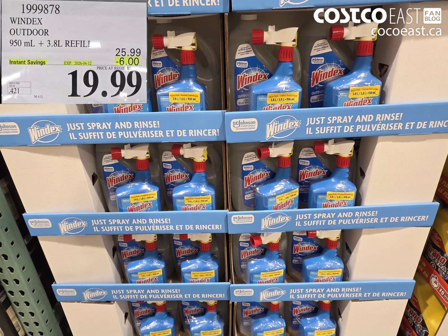 1999878 WINDEX OUTDOOR 950 ML + 3.8L REFILL ($6.00 INSTANT SAVINGS EXPIRES ON 2026-04-12) $19.99