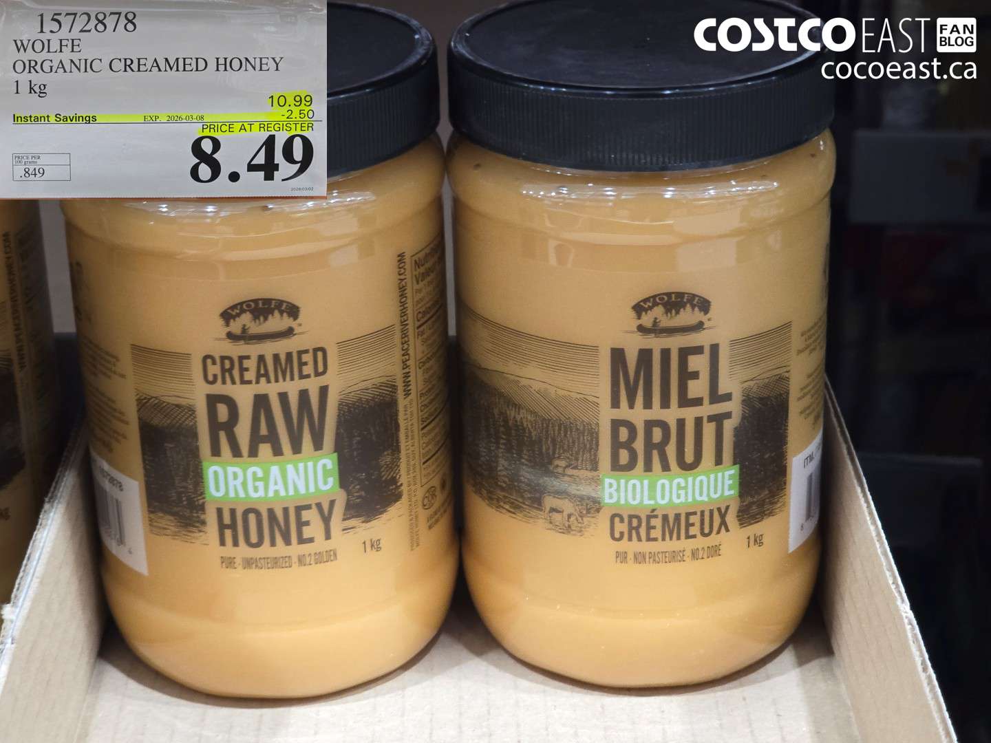 1572878 WOLFE ORGANIC CREAMED HONEY 1 KG ($2.50 INSTANT SAVINGS EXPIRES ON 2026-03-08) $8.49