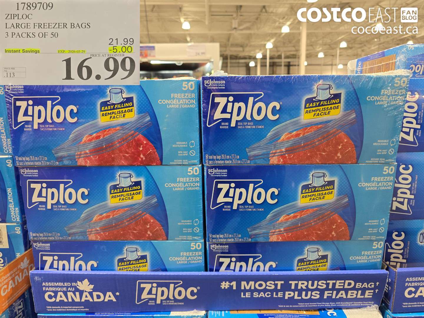 1789709 ZIPLOC LARGE FREEZER BAGS 3 PACKS OF 50 ($5.00 INSTANT SAVINGS EXPIRES ON 2026-03-29) $16.99