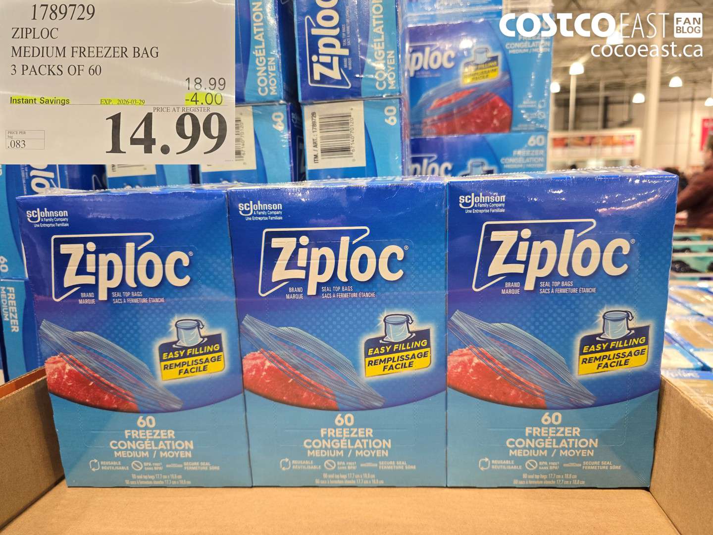 1789729 ZIPLOC MEDIUM FREEZER BAG 3 PACKS OF 60 ($4.00 INSTANT SAVINGS EXPIRES ON 2026-03-29) $14.99