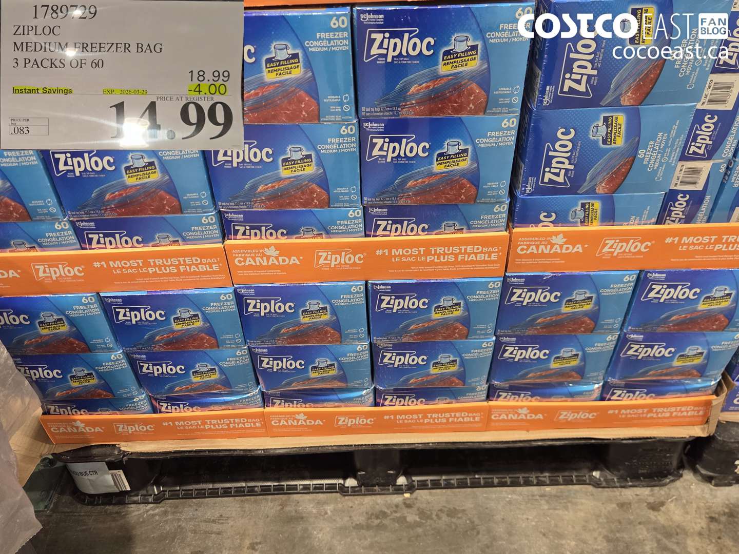 1789729 ZIPLOC MEDIUM FREEZER BAG 3 PACKS OF 60 ($4.00 INSTANT SAVINGS EXPIRES ON 2026-03-29) $14.99