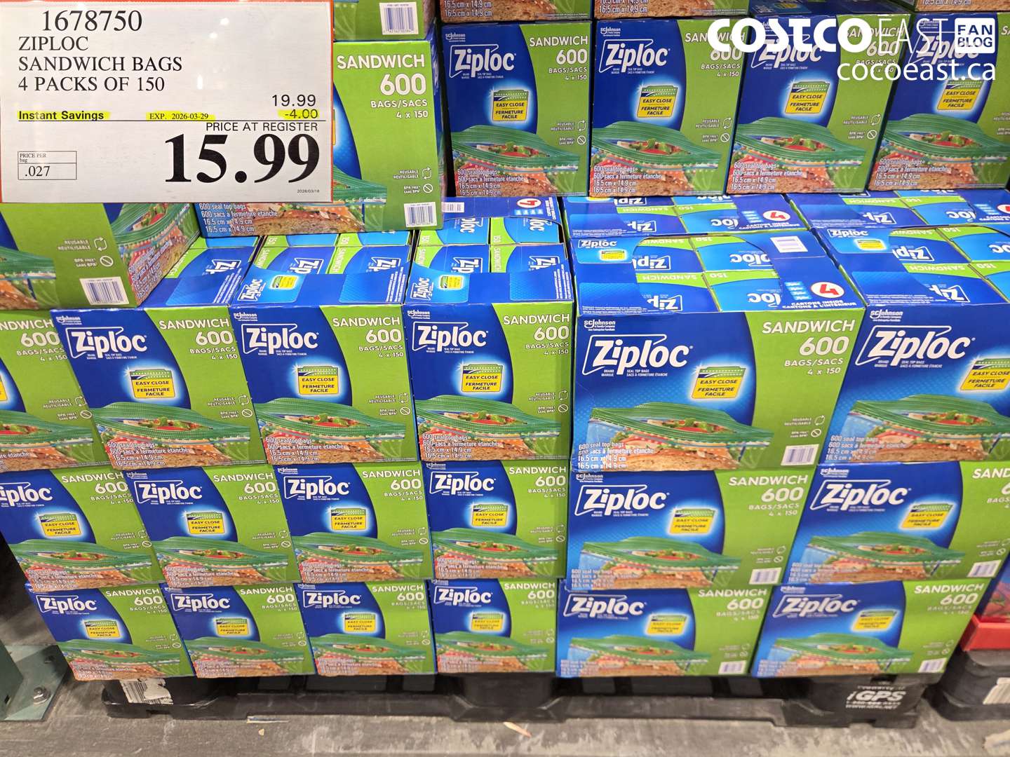 1678750 ZIPLOC SANDWICH BAGS 4 PACKS OF 150 ($4.00 INSTANT SAVINGS EXPIRES ON 2026-03-29) $15.99