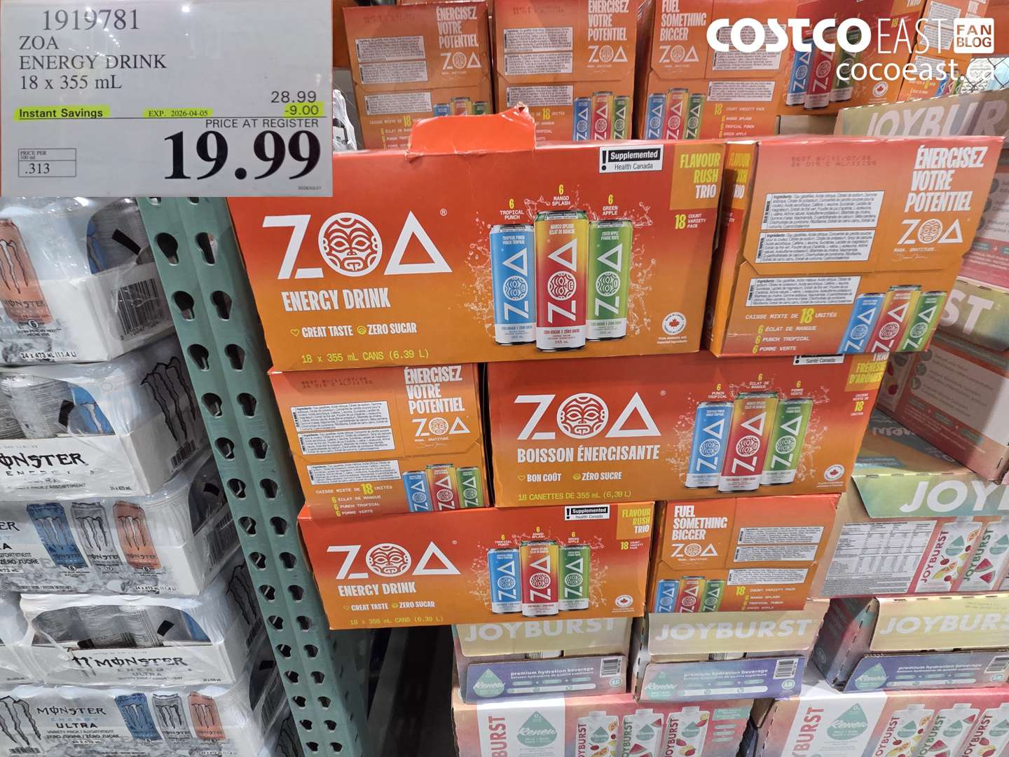 1919781 ZOA ENERGY DRINK 18 X 355 ML ($9.00 INSTANT SAVINGS EXPIRES ON 2026-04-05) $19.99