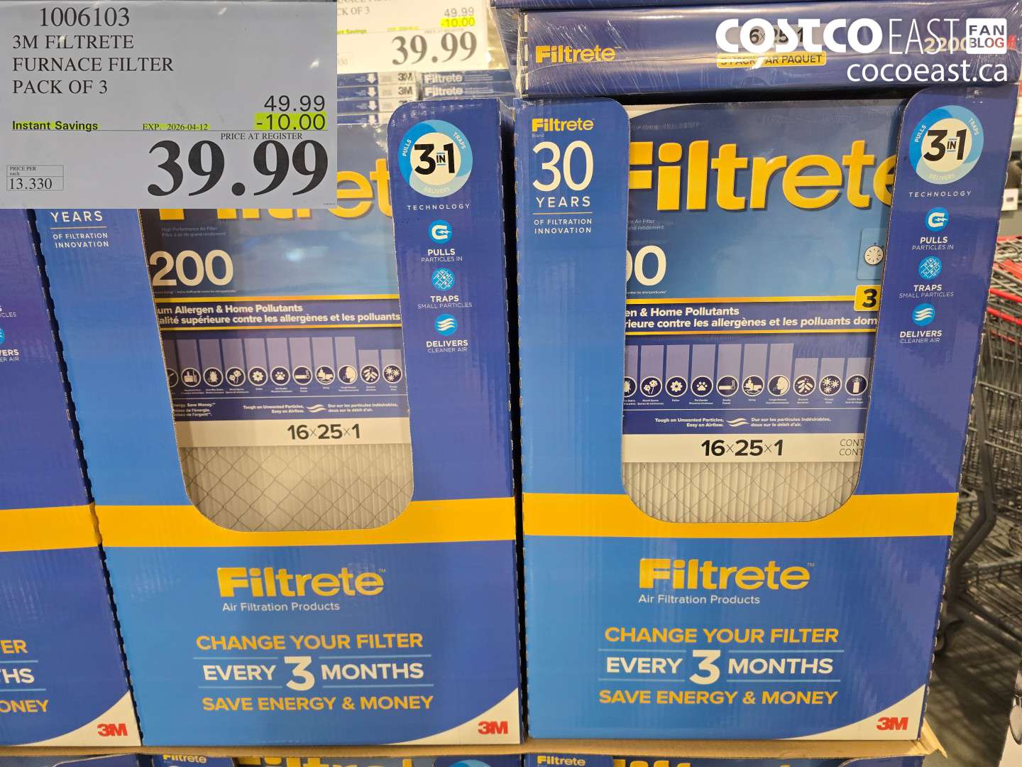 1006103 3M FILTRETE FURNACE FILTER PACK OF 3 ($10.00 INSTANT SAVINGS EXPIRES ON 2026-04-12) $39.99