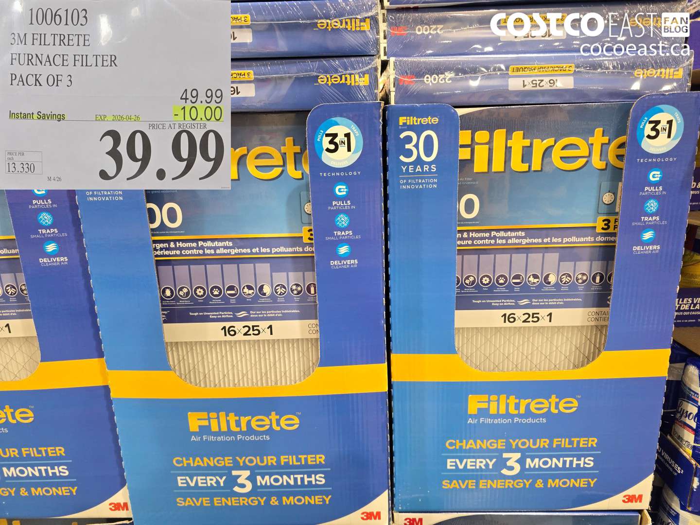 1006103 3M FILTRE FURNACE FILTER PACK OF 3 ($10.00 INSTANT SAVINGS EXPIRES ON 2026-04-26) $39.99