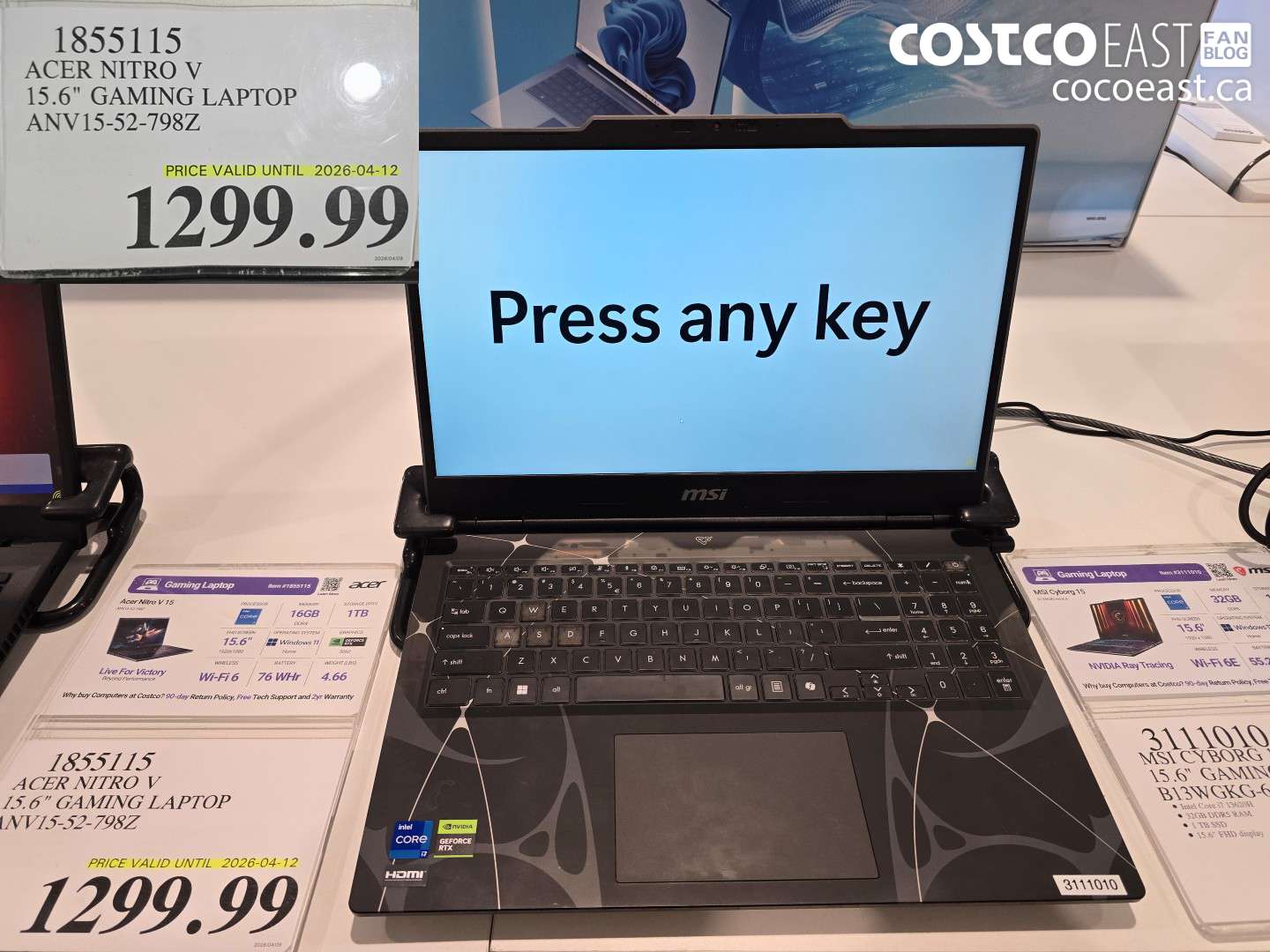 1855115 ACER NITRO V 15.6 GAMING LAPTOP ANV15-52-798Z $1299.99