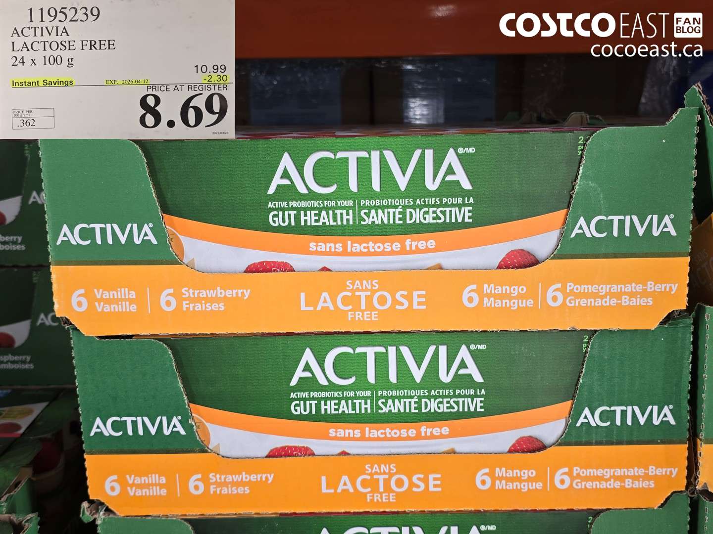 1195239 ACTIVIA LACTOSE FREE 24 X 100 G ($2.30 INSTANT SAVINGS EXPIRES ON 2026-04-12) $8.69