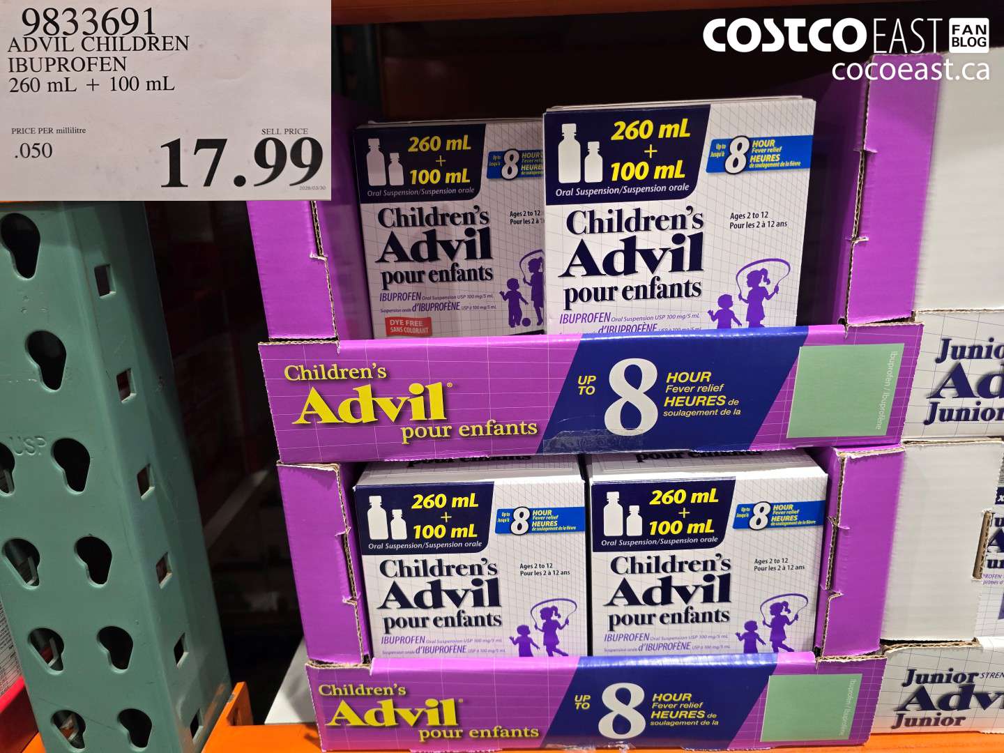 9833691 ADVIL CHILDREN IBUPROFEN 260 ML + 100 ML $17.99