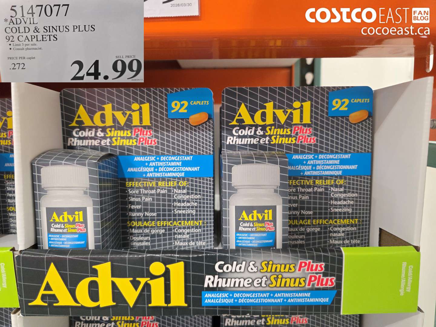 5147077 ADVIL COLD & SINUS PLUS 92 CAPLETS $24.99