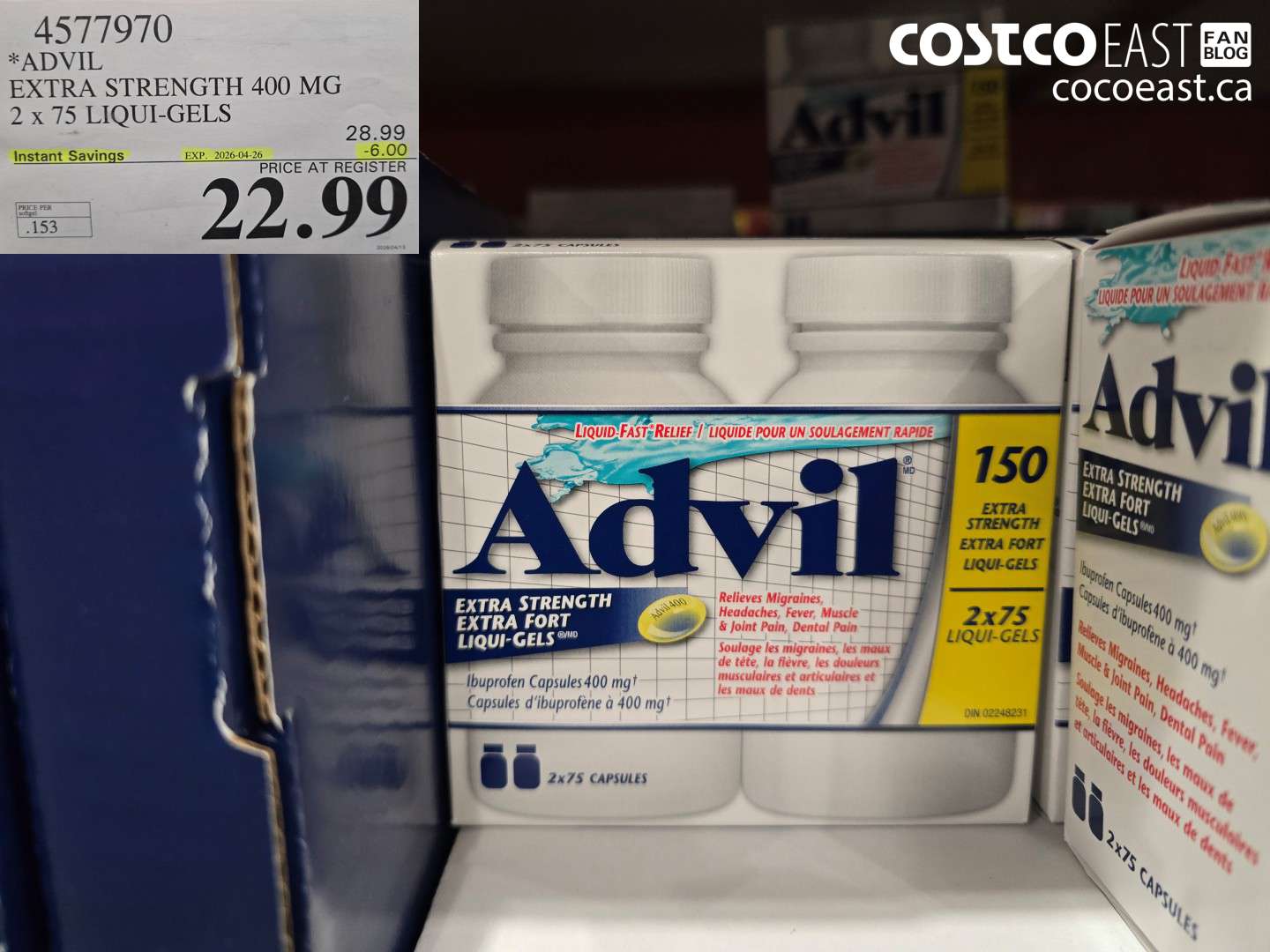 45717970 ADVIL EXTRA STRENGTH 400 MG 2 X 75 LIQUI-GELS ($6.00 INSTANT SAVINGS EXPIRES ON 2026-04-26) $22.99