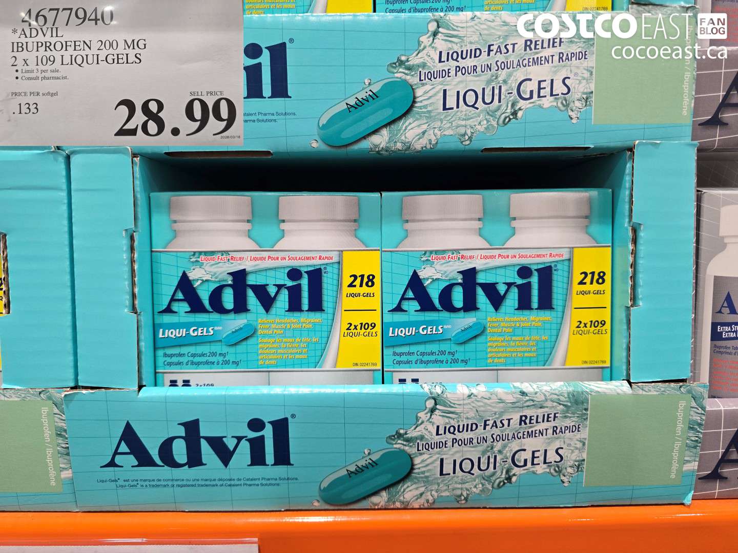 4677940 ADVIL IBUPROFEN 200 MG 2 X 109 LIQUI-GELS $28.99