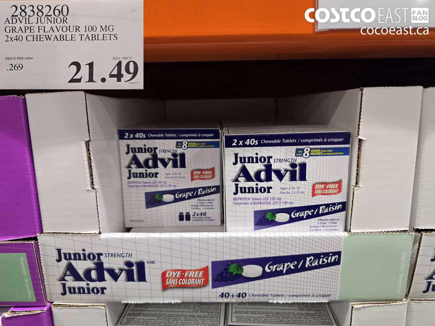 2838260 ADVIL JUNIOR GRAPE FLAVOUR 100 MG 2X40 CHEWABLE TABLETS $21.49