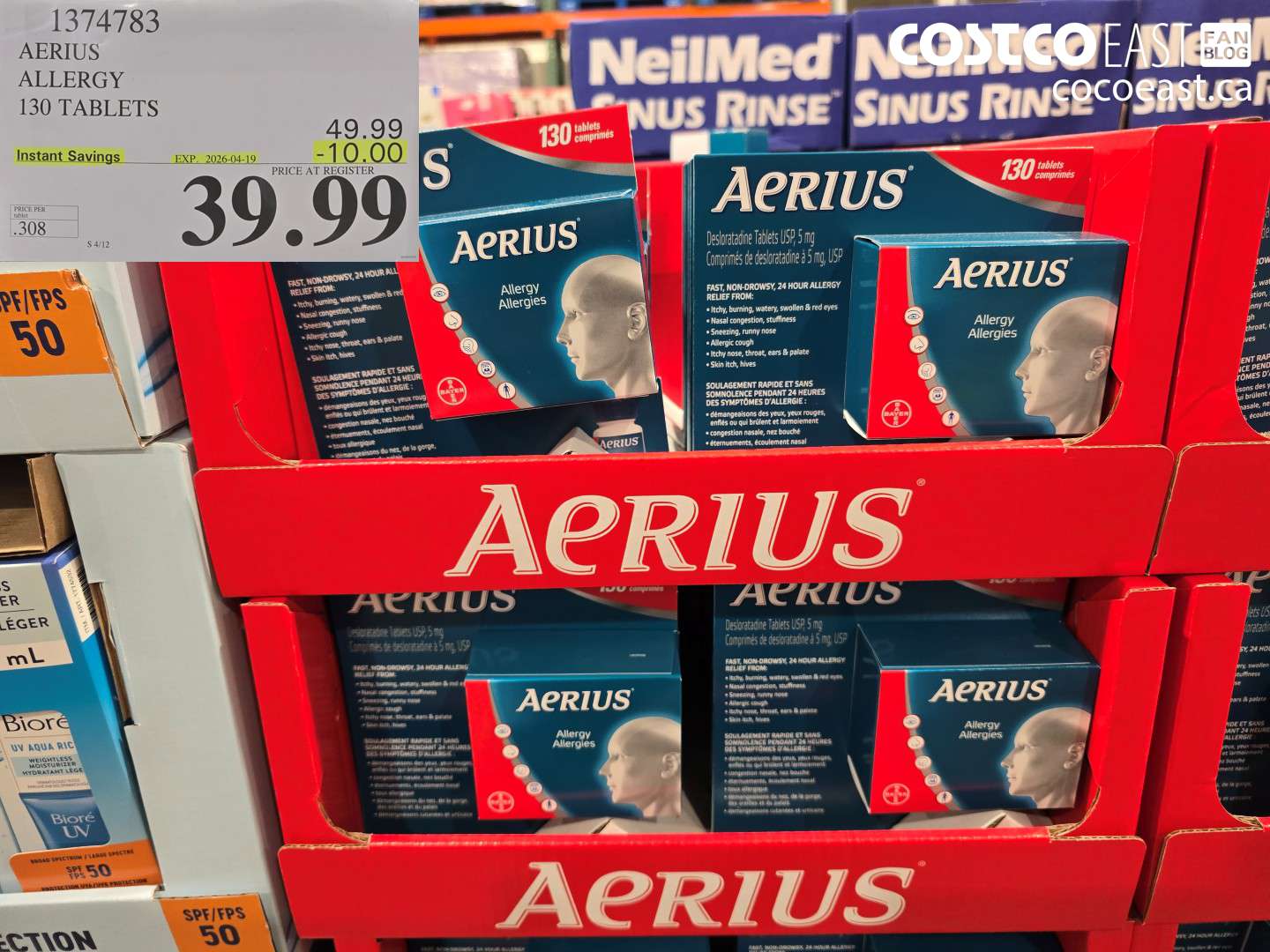 1374783 AERIUS ALLERGY 130 TABLETS ($10.00 INSTANT SAVINGS EXPIRES ON 2026-04-19) $39.99