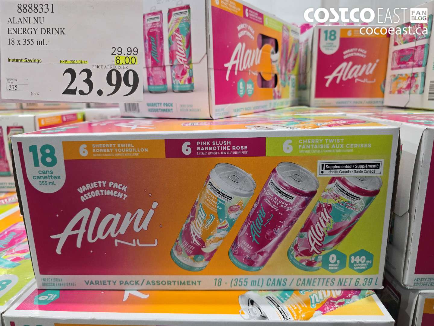 8888331 ALANI NU ENERGY DRINK 18 X 355 ML ($6.00 INSTANT SAVINGS EXPIRES ON 2026-04-12) $23.99
