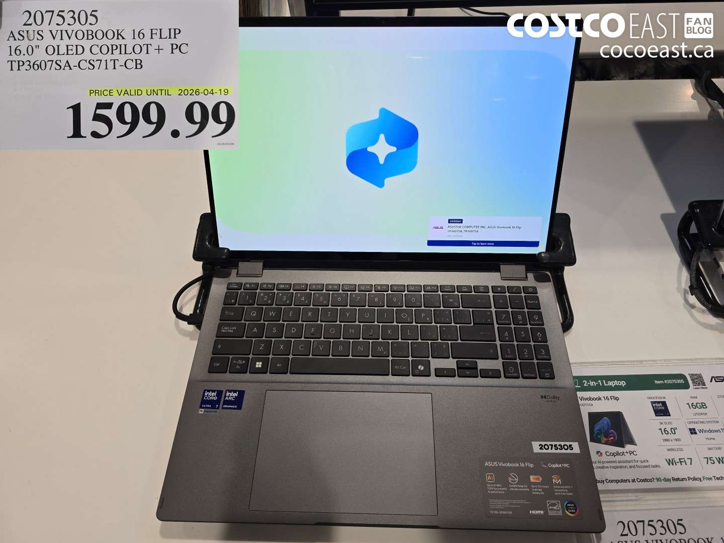 2075305 ASUS VIVOBOOK 16 FLIP 16.0 OLED COPILOT+ PC TP3607SA-CS71T-CB $1599.99
