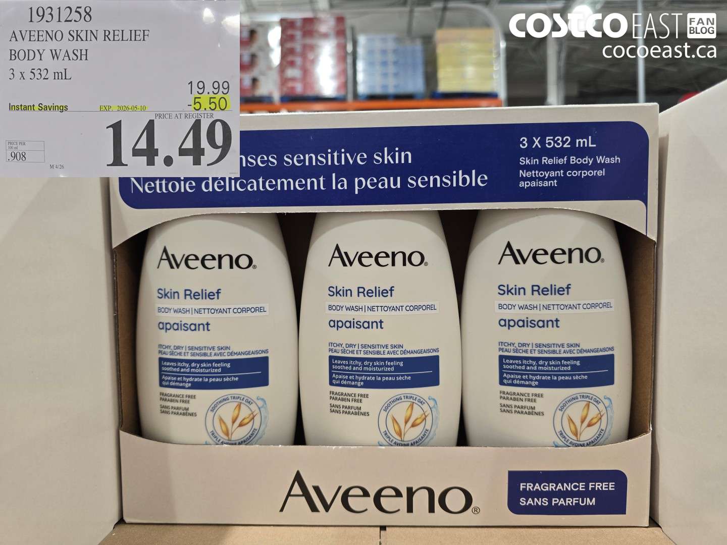 1931258 AVEENO SKIN RELIEF BODY WASH 3 X 532 ML ($5.50 INSTANT SAVINGS EXPIRES ON 2026-05-10) $14.49