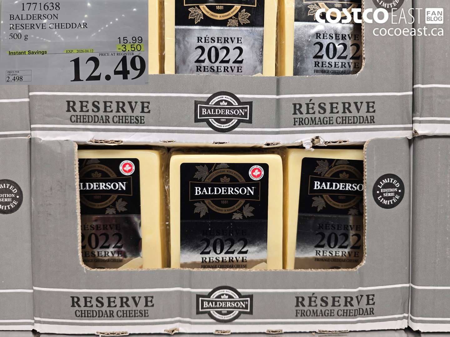 1771638 BALDERSON RESERVE CHEDDAR 500 G ($3.50 INSTANT SAVINGS EXPIRES ON 2026-04-12) $12.49