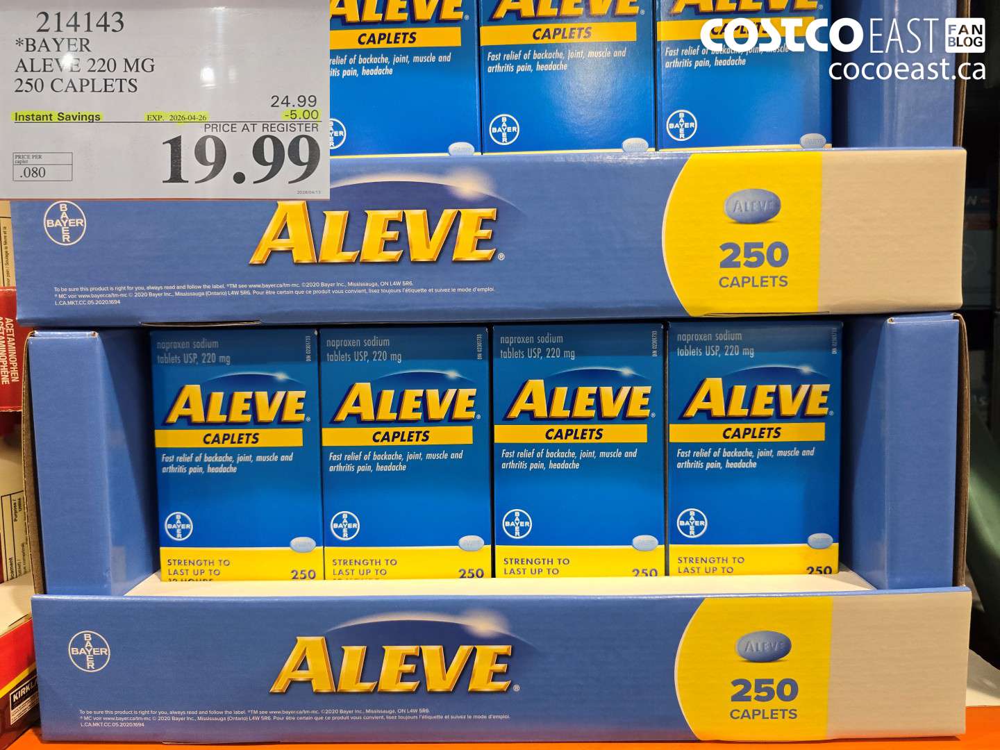 214143 BAYER ALEVE 220 MG 250 CAPLETS ($5.00 INSTANT SAVINGS EXPIRES ON 2026-04-26) $19.99