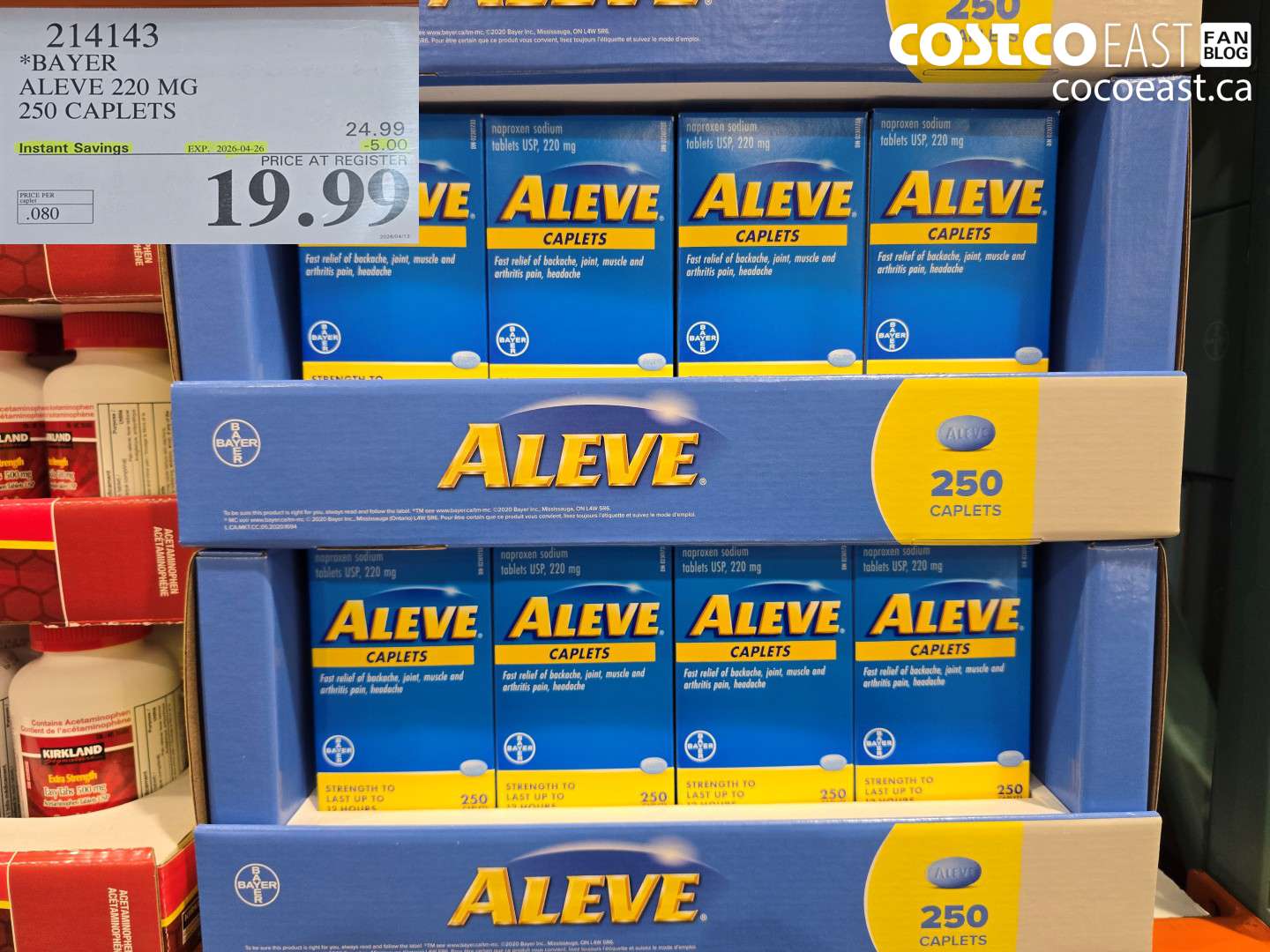 214143 BAYER ALEVE 220 MG 250 CAPLETS ($5.00 INSTANT SAVINGS EXPIRES ON 2026-04-26) $19.99