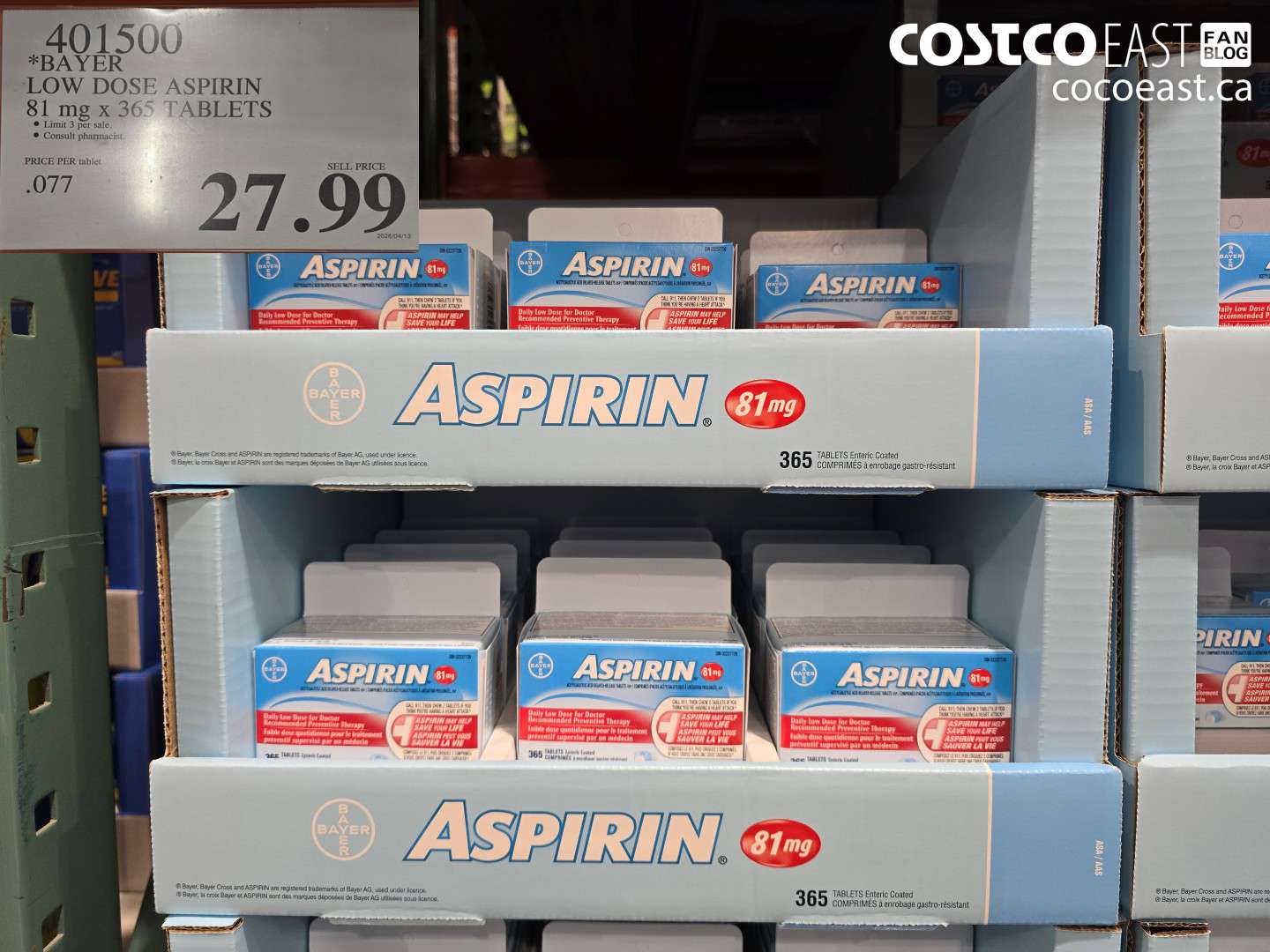 4011500 BAYER LOW DOSE ASPIRIN 81 MG X 365 TABLETS $27.99
