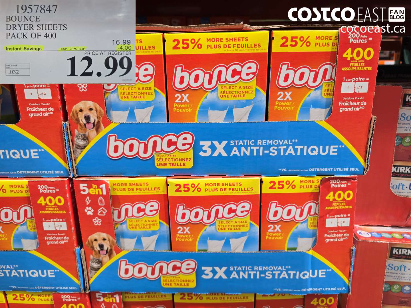 1957847 BOUNCE DRYER SHEETS PACK OF 400 ($4.00 INSTANT SAVINGS EXPIRES ON 2026-05-03) $12.99