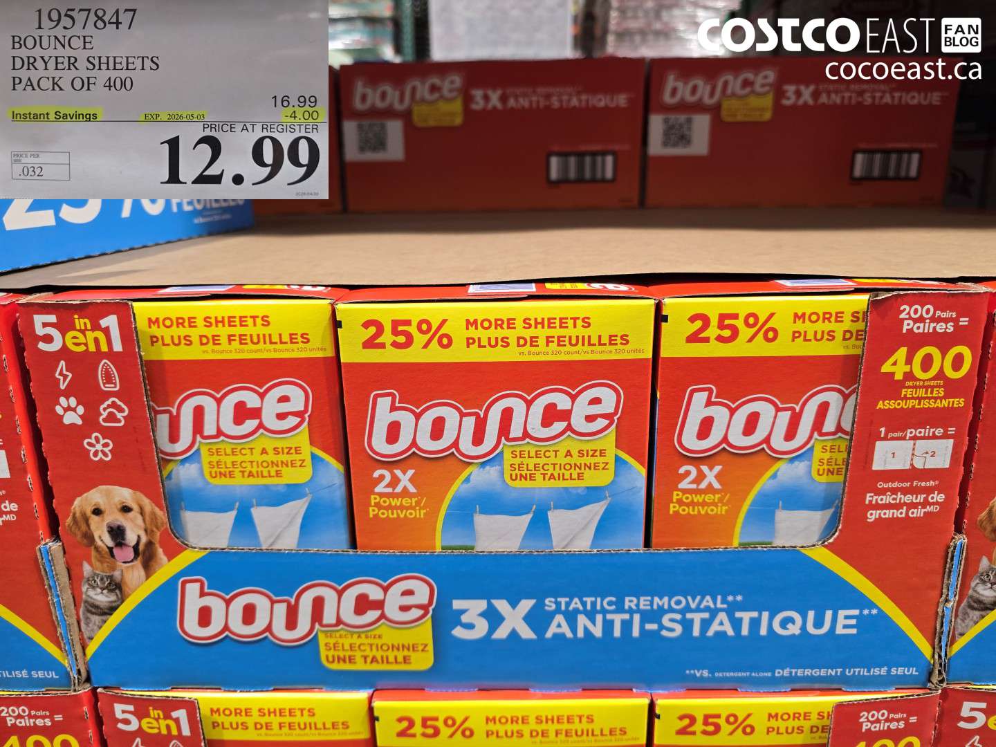 1957847 BOUNCE DRYER SHEETS PACK OF 400 ($4.00 INSTANT SAVINGS EXPIRES ON 2026-05-03) $12.99