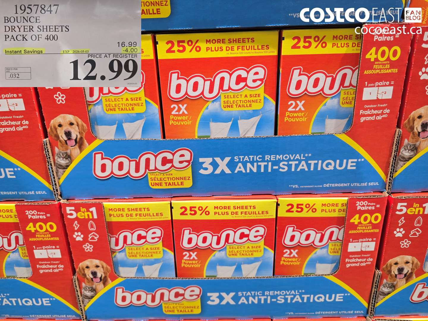 1957847 BOUNCE DRYER SHEETS PACK OF 400 ($4.00 INSTANT SAVINGS EXPIRES ON 2026-05-03) $12.99
