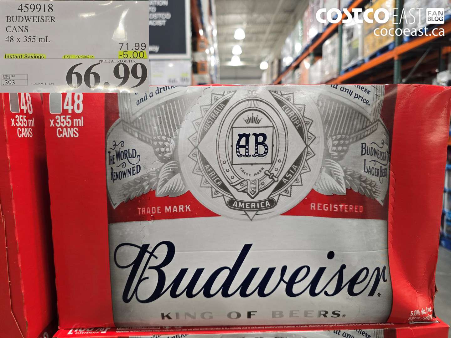 459918 BUDWEISER CANS 48 X 355 ML ($5.00 INSTANT SAVINGS EXPIRES ON 2026-04-12) $66.99
