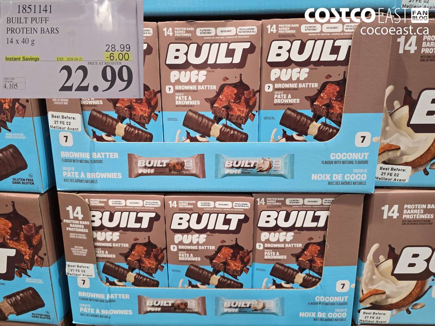 1851141 BUILT PUFF PROTEIN BARS 14 X 40 G ($6.00 INSTANT SAVINGS EXPIRES ON 2026-04-21) $22.99